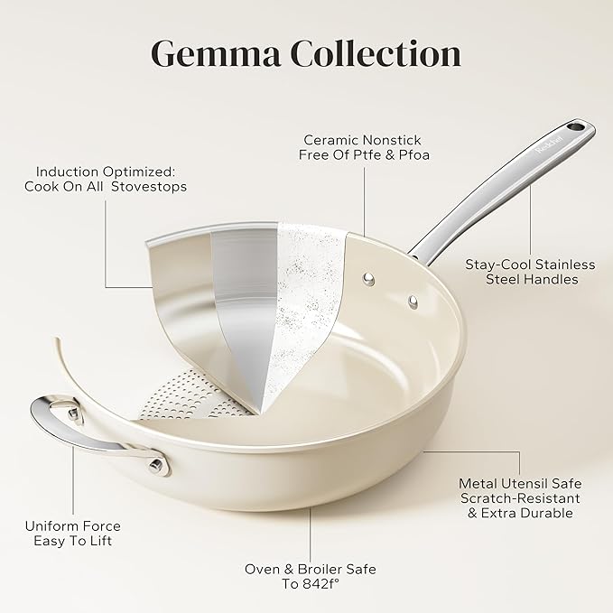 Redchef Ceramic Saute Pan with Lid, Nonstick Deep Frying Pan, 5QT Jumbo Cooker with Helper Handle & Lid, Non Toxic Ceramic Cooking Pan, Chef Pan, Dishwasher & Oven Safe, PFAS PFOA & PTFE Free