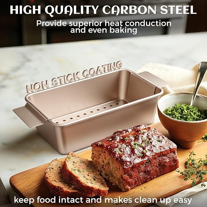 TLAZZ 2 Pack Meatloaf Pan with Drain Tray for Pound Cake Bacon Meatloaf | 9.4 x 5.5 Inch Non Stick Meat Loaf Pan features wide handles with a removable perforated drain tray for any kitchen