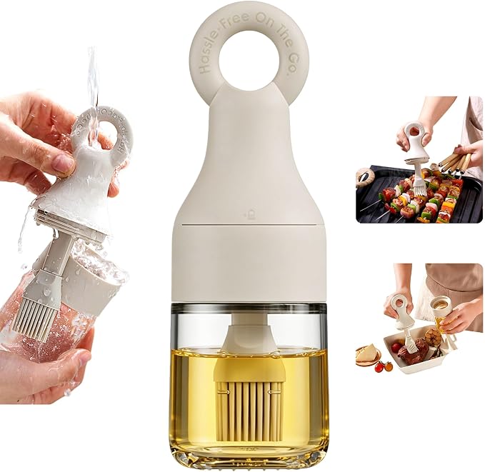 MMJ 2-in-1 Oil Dispenser with Brush, 150ml Glass Olive Oil Bottle with Silicone Basting Brush, Leak-Resistant Sauce Brush Bottle for BBQ, Baking, Grilling, Camping, White