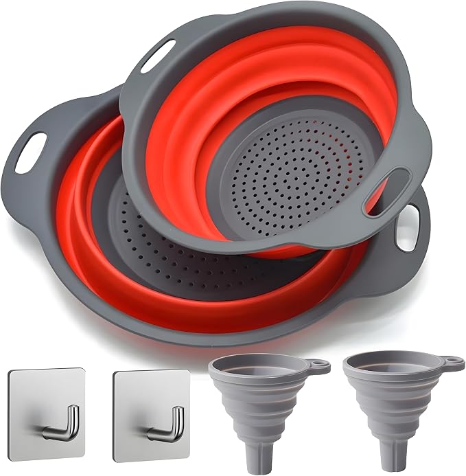 UVB Collapsible Colander Set, Foldable Kitchen Strainer for Pasta, Vegetables & Fruit, Complete Kitchen Set with 2 Stainless Steel Hooks & 2 Silicone Funnels – Red