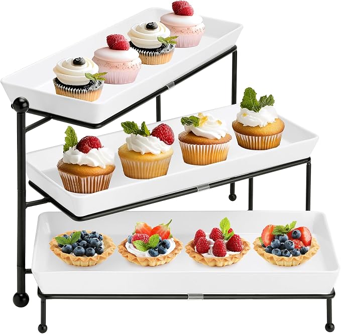 Tiered Serving Tray for Party, 14 Inch Dessert Display Stand, Black | 3*Porcelain Durable Serving Plates, Microwave/Dishwasher Safe, Modern Cupcake Fruit Buffet Display, Wedding/Tea/Party serving