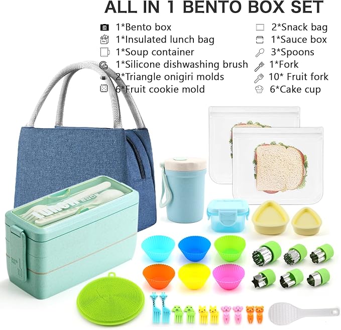 35Pcs Japanese Bento Box for Adults&Kids Lunch Box Kit Leakproof Wheat Straw Eco-Friendly 3 Compartment Stackable Lunch Box with Containers for Teen Prepy Boy (Green)