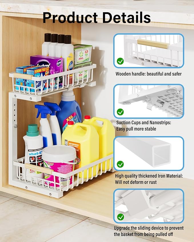 Under Sink Organizer Storage for Families: Pull Out Storage Undersink Organizers Drawer Cabinet - Sliding 2 Tier Rack Metal Organization Under Counter Kitchen Bathroom for Homemakers(White,1 Pack)