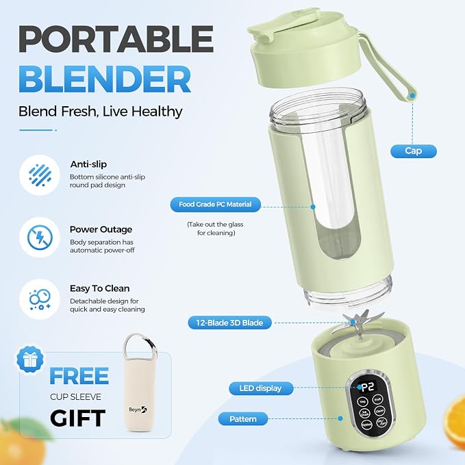 Beyn 530mL Portable Blender, Personal Smoothie Maker, USB-C Cordless, 12 Stainless Steel Blades, Leakproof Travel Cup, Digital One-Touch Self-Clean for Gym Home Office, Green