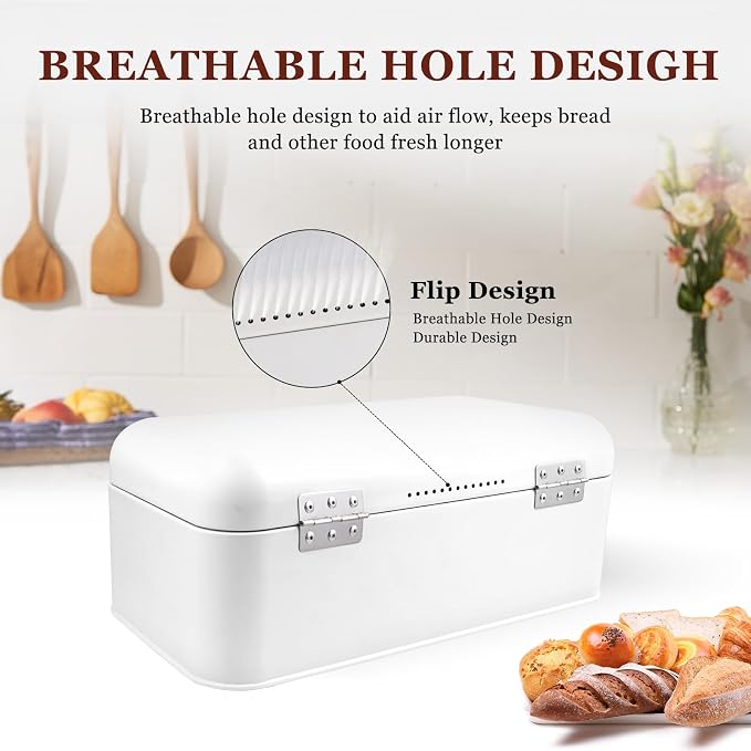 ENLOY Extra Large White Bread Box for Countertop, Stainless Steel Bread Storage Bin, Vintage Bread Box, Large Capacity Bread Keeper Holds Large Loaves