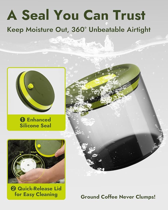 Vacuum Sealed Coffee Canister, 40.6oz Airtight Glass Jar | Borosilicate Glass, UV-Protective Tint, 360° Airtight Seal, One-Press Pop Top, for Coffee Beans & Grounds