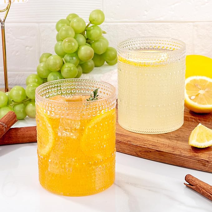 18PCS Plastic Hobnail Drinking Glasses - 14 Oz Clear Vintage Glasses Drinkware - Disposable Beaded Cups for Beer, Whiskey, Juice, Cocktail, Wine, Party (Pack of 2)