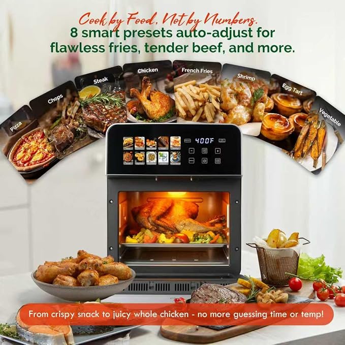 10QT Air Fryer Toaster Oven, Family Size Double-Cooking Combo | EASY CLEAN: Stainless Steel Interior oven; dual-layer rack allows simultaneous cooking for healthy family meals.