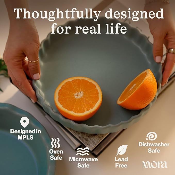 MORA Ceramic Tart Pan, 9.5 Inch Large Porcelain Baking Dish for Tarts, Quiche, Pie, Flan etc. Fluted Ruffled Edge, Oven, Microwave, Freezer, and Dishwasher safe - Great Gift For Bakers - Dawn