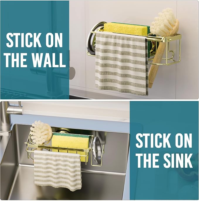 TAILI 4-in-1 Sink Sponge Holder for Kitchen with Strong Suction Cup-Gold | Removable Sink Caddy with Suction Cup, Rustproof 304 Stainless Steel Multi-compartment Sink Organizer for Sponge, Brushes