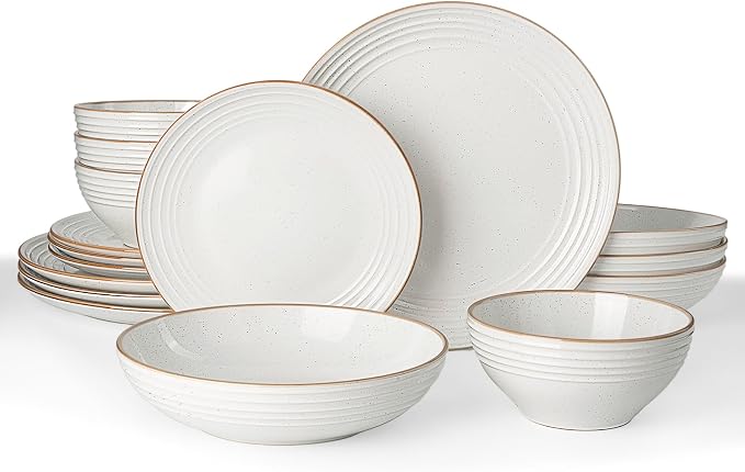 Famiware Jupiter Stoneware Dinnerware Sets with Pasta Bowls, Dishes for 4 | 16 pcs Speckled Plates and Double Bowls with Rim, Chip & Scratch Resistant, Microwave & Dishwasher Safe, Modern Neutral White