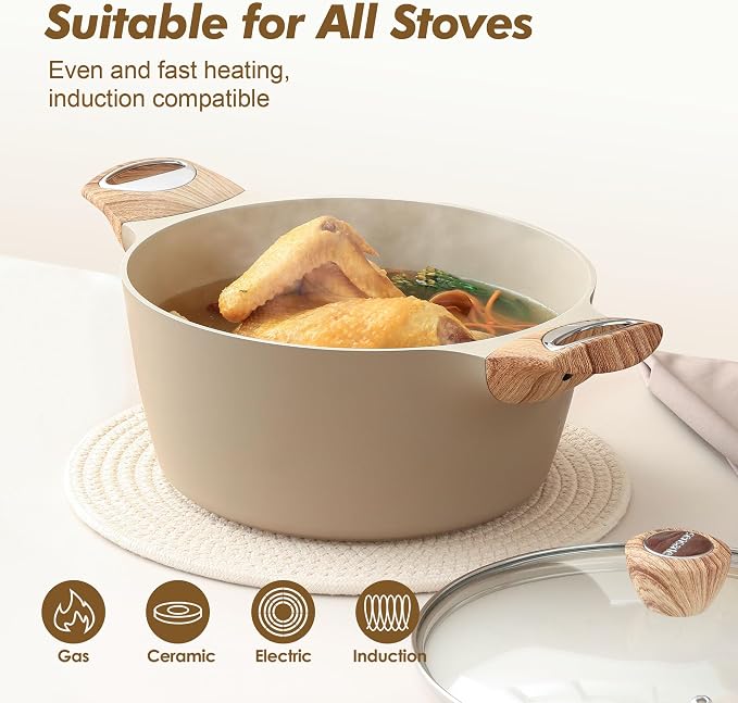 SENSARTE Ceramic Nonstick Stock Pot with Lid, 2.6/4.5/6.6/8.5/11 QT Soup Pot Casserole Pot, Non-toxic Healthy Pasta Pot, Large Cooking Pot Stew Pot, Induction Compatible, PFOA PFAS PTFE Free, Taupe