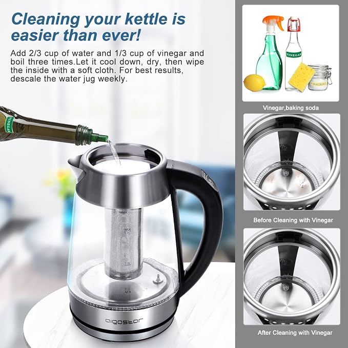 Aigostar Electric Kettle with Temperature Control and Tea Infuser | 1500W, 1.7L Hot Water Kettle with Variable Temperature, Keep Warm Function, LED Indicator Light Change, Auto Shut-Off