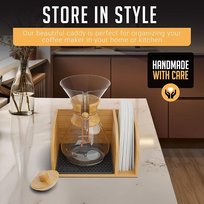 Pour Over Caddy with Lid for Chemex Bodum Cosori Coffee Makers Black | Handmade Bamboo Stand, Lid, Filter Holder, Heatproof Mat for a Cleaner Coffee Station
