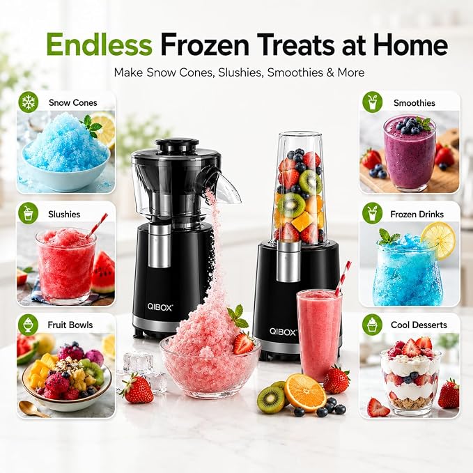 QIBOX 2-in-1 Snow Cone Machine & Smoothie Blender | 700W Electric Ice Shaver for Home Kitchen | Perfect for Kids' Birthday Parties, Summer BBQs & Daily Breakfast Smoothies