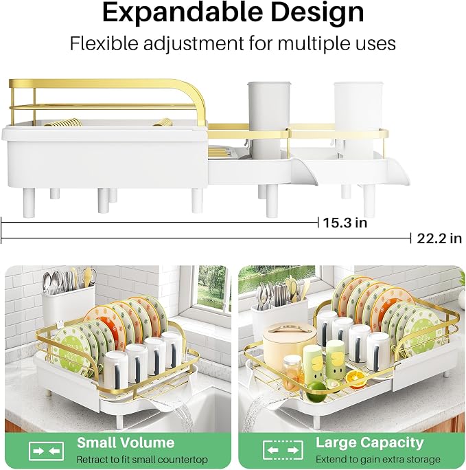 SAYZH Expandable Dish Drying Rack for Small Kitchen Counter, Gold | Stainless Steel, Protective Guardrail, Angled Drainboard, Fits High-Rim Sinks, Removable Utensil Holder