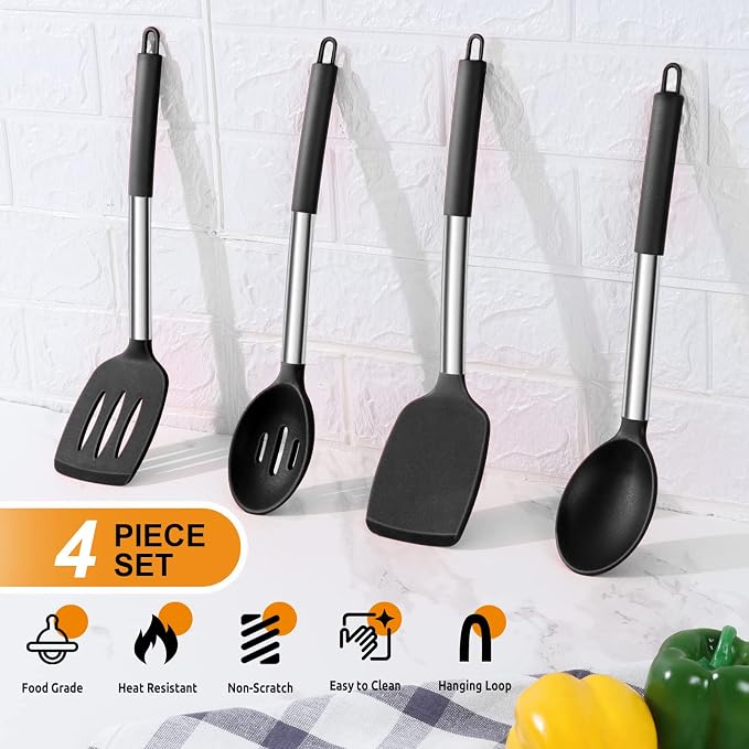 E-far Silicone Cooking Kitchen Utensils Set of 4 for Non-stick Cookware | Heat Resistant & Non-toxic, Includes Slotted Spatula Solid Spoon Turner, For Flipping Mixing Serving Basting, Black