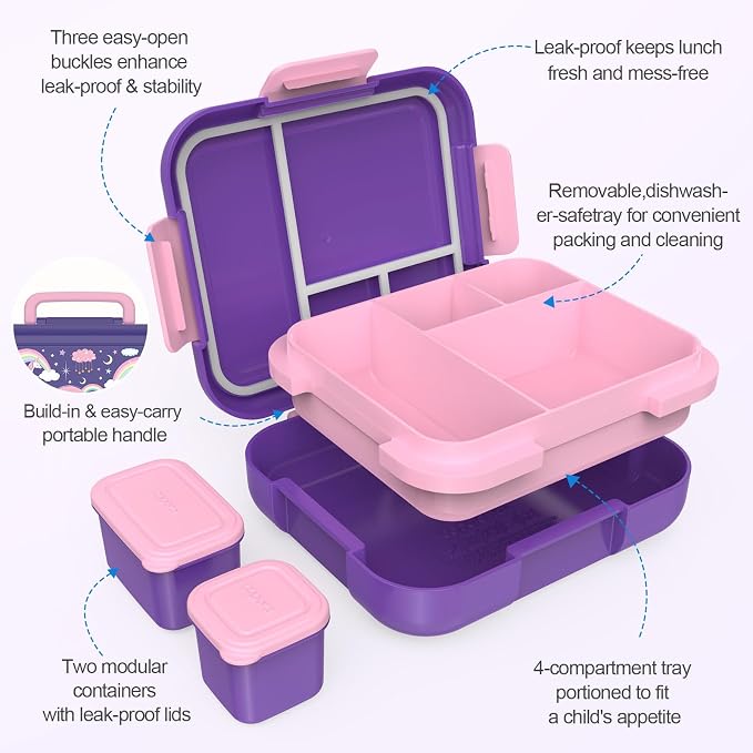 Caperci Bento Box for Kids Age 4-8 - Leak-Proof Toddler Lunch Box Container with 2 Modular Containers & 4 Compartments, Hold 4.8 Cups, Portable Handle, BPA-Free, Microwave/Dishwasher Safe (Unicorn)
