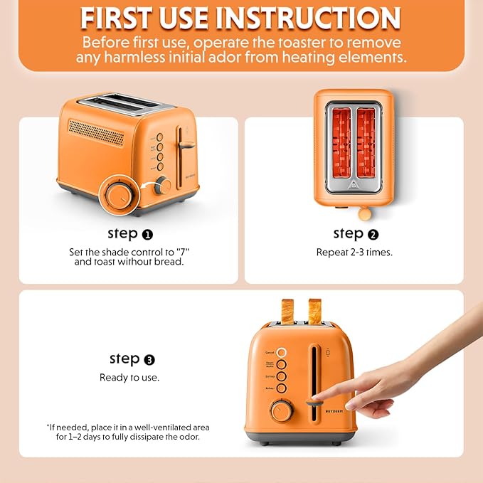 BUYDEEM DT620 2-Slice Toaster, 7 Shade Settings, Extra Wide 1.5'' Slots for Bagel & English Muffin, 6 Toasting Functions, Retro Stainless Steel Toaster with High Lift Lever, Orange