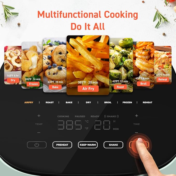 Cosori Air Fryer Pro LE 5 Qt with 20PCS Paper Liners, 9 Functions, Green | 9-in-1, Air Fry, Roast, Bake, Dehydrate, Broil, Frozen, Reheat, Max 450°F, Shake Reminder, Ceramic coating, dishwasher-safe