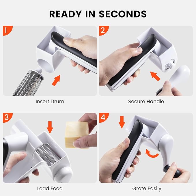 Rotary Cheese Grater Hand Crank, Parmesan Cheese Shredder Handheld with 2 Stainless Steel Drums for Hard Cheese, Chocolate and Nuts, Restaurant Quality, Dishwasher Safe