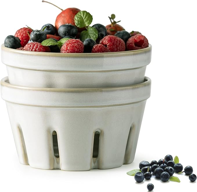 Gomakren Ceramic Berry Basket Set of 2, Fruit Bowl Colanders 5.8 Inch White | Drain Holes Keep Berries Fresh, Stackable Space-Saving, Dishwasher Safe, Versatile Fruit Serving & Farmhouse Kitchen Decor