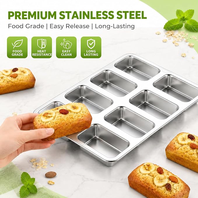P&P CHEF 8 Cavities Mini Loaf Pans, Loaf Bread Pan for Baking Bread,2 Pcs | Mini Bread Pans Tins for Even Baking, Healthy & Non Toxic, Oven Safe & Dishwasher Safe , For Bread Meatloaf Cake Brownies