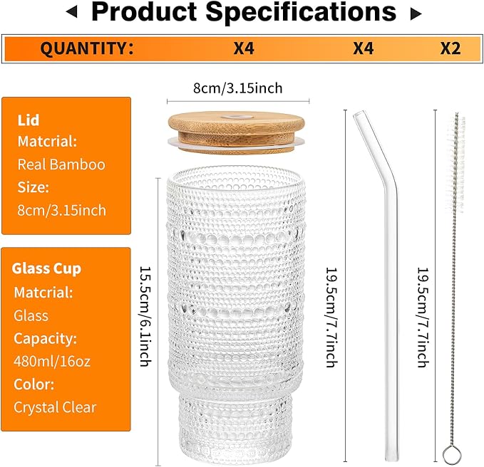 KEMORELA 16oz Hobnail Drinking Glasses with Lids and Straws,4 pack Vintage Glasses Tumbler Cups for Iced Coffee,Tea Glasses,Beer,Cocktail,Ideal for Whiskey,Slip-resistant Embossed Surface