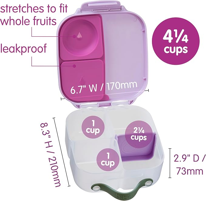 b.box Mini Lunch Box, Snack Containers for Kids, Lunch Box Kids, 4.25 Cup | Bento Box for Kids, Lunch Containers, Leak Proof, Dishwasher Safe, BPA Free, PFAS Free, Ages 3+ — Sugar Plum