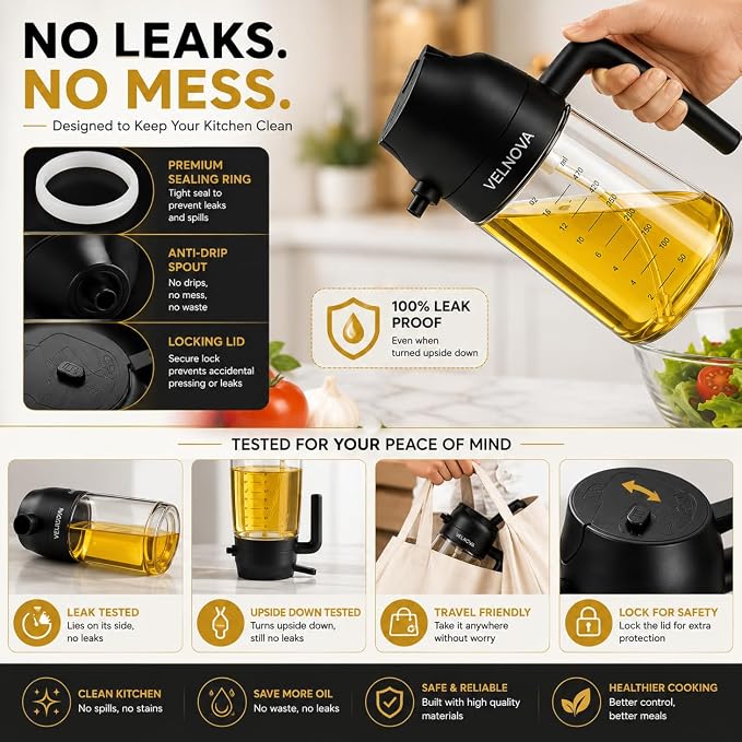 Olive Oil Sprayer for Cooking, 16oz/470ml Glass Oil Sprayer & Dispenser, 2-in-1 Oil Mister Bottle for Air Fryer, Salad, BBQ, Frying, Roasting & Kitchen, Food Grade, Leakproof, Refillable