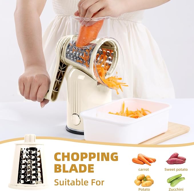 Rotary Cheese Grater with Handle, 5 Replaceable Blades(White) | Strong Suction Base, Round Food Slicer & Chopper for Kitchen Fruit Vegetables Nuts with Blade Storage Box