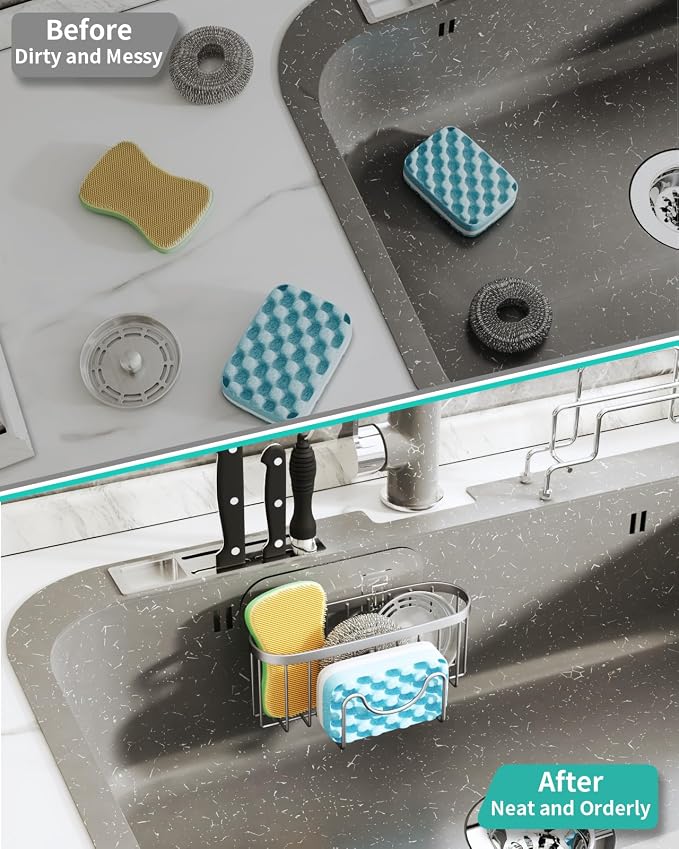 HapiRm Kitchen Sponge Holder for Sink - 2 Installation Methods Kitchen Sink Caddy Organizer with Unique M-Shaped, Rustproof Stainless Steel Sponge Caddy - Brushed Nickel (Large)