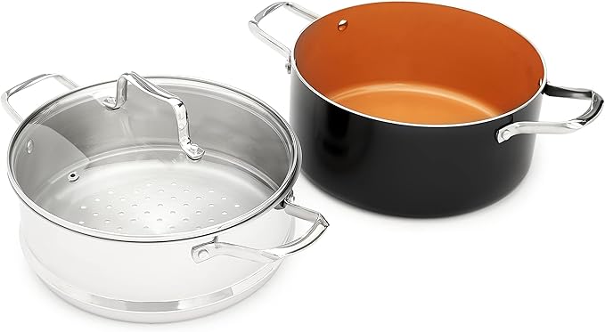 Amazon Basics Ceramic Nonstick Cookware Set, Induction Ready, Dishwasher & Oven Safe, Even Heating, 10-Piece Set with Frying Pans, Saucepans, Glass Lids, Copper Color