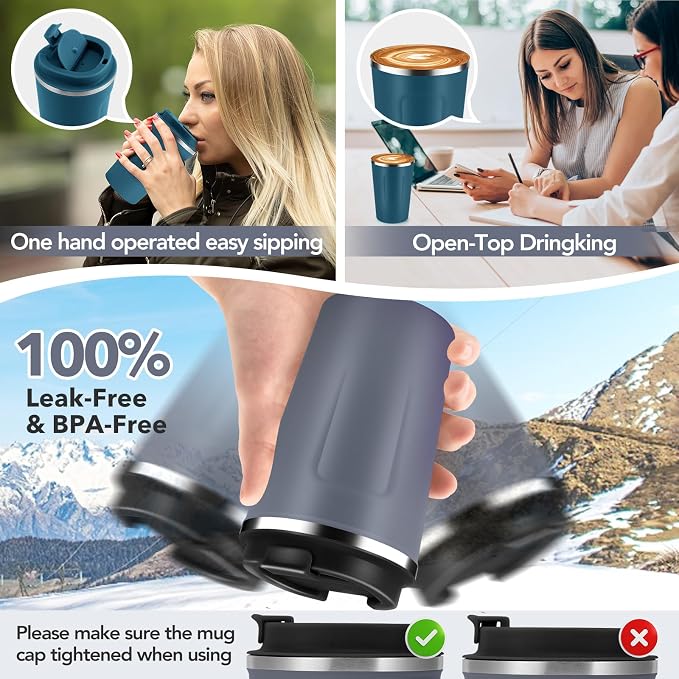 Volhoply 12 oz Double Wall Insulated Vacuum Travel Coffee Mugs with Flip Lid Bulk 2 Pack,Reusable Stainless Steel Leak Proof Coffee Cup,Portable Cafe Thermal Tumbler for Hot & Cold Drinks(Gray,2 Set)