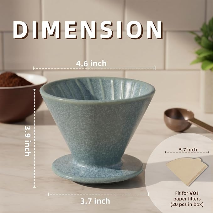 DIF DECO Ceramic Pour Over Coffee Dripper, Reusable Porcelain Portable Pour Over Coffee Maker, Slow Brewing Accessories with 1 Holes for Home, Office, Travel, Camping (Blue)