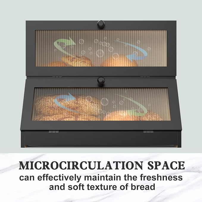 LOHASOK Bread Box for Kitchen Countertop,Black | 2-layer, Bamboo, Large, Farmhouse Bread Container Holder Storage, Acrylic translucent window