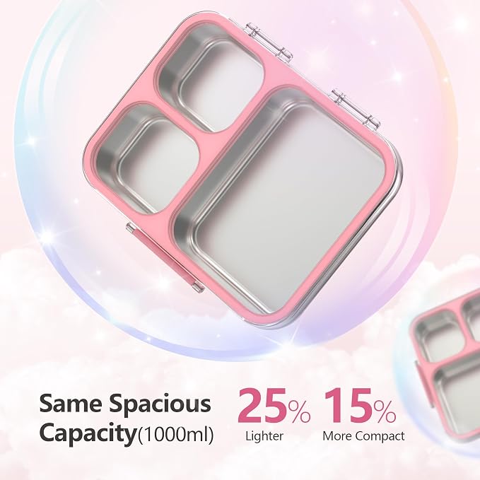LOHASOK Stainless Steel Bento Lunch Box, 34oz/1000ml, Pink | 3-Compartment, Leak Proof, Lightweight, Clear Plastic Lid, for Kids Adults, BPA/BPS Free, Dishwasher Safe