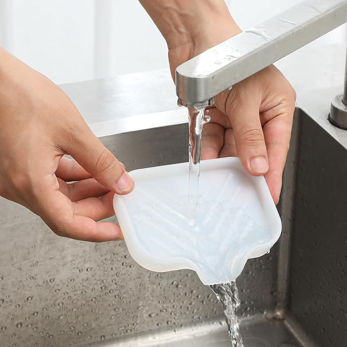 MicoYang Silicone Soap Dish with Drain Spout, Self-Draining Sink Organizer Tray for Bathroom & Kitchen, Sponges, Dispensers & Soap Holder, Non-Slip & Dishwasher Safe, Translucent (Compact, 4.9"×3.2")