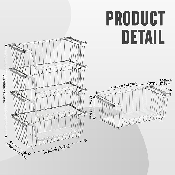 4 Pcs Stackable Wire Baskets for Pantry Organizers and Storage,silver | Vegetable Fruit Basket for Countertop,Kitchen Storage Metal Baskets,Produce Potato Onion Storage Bin,