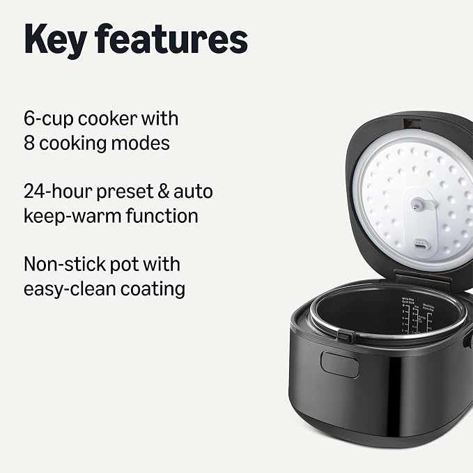Amazon Basics Rice Cooker 6-cup Uncooked 12-cup Cooked, Micon with Fuzzy Logic, Keep Warm, Black