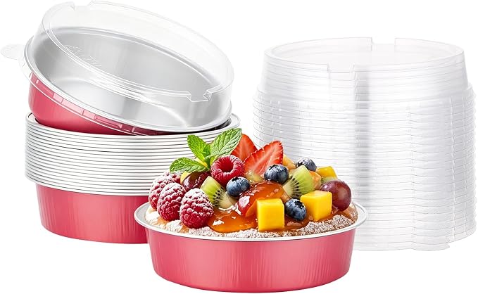 Beasea 7.3oz Disposable Mini Pie Tins with Lids, 20 Pack 215ml Grapefruit Pink Aluminum Baking Cups Foil Pie Tins Small Round Tart Container for Individual Dessert Cupcake Muffin Cheesecake Quiche