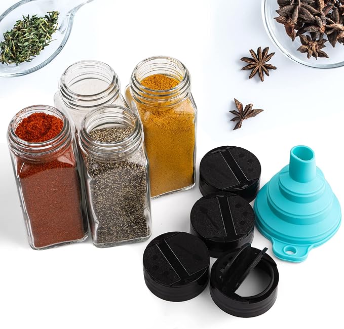 Tebery 30 Pack Glass Spice Jars Square Glass Bottles with Black Caps, 4oz Empty Spice Containers Shakers Complete Organizer Set Includes Wide Funnel and Labels