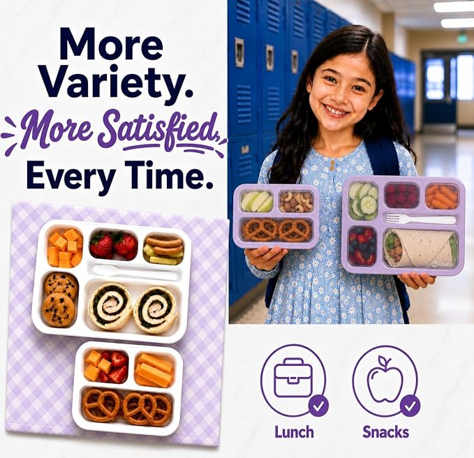 Bento Lunch-Box and Snack Container Set for Kids, 6 and 3 Compartment Boxes Leakproof School Bentos Meal Portion Control Containers BPA Free, Boys Girls Adults, Purple Lilac Large + MINI 2 Pack