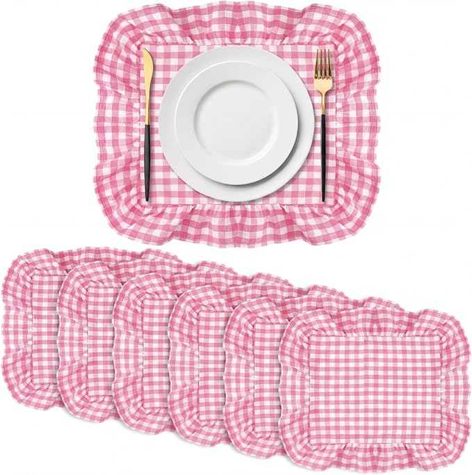 Set of 6 Pink Checkered Placemats Ruffled Rectangle Gingham Table Placemat Fabric Vintage Farmhouse Retro Pastel Aesthetic Chic Mat for Birthday Garden Picnic Baby Shower Bridal Shower
