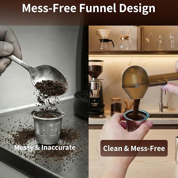 Coffee Scoop with Funnel for Reusable K Cup, 2 TBSP Measuring Spoon | Mess-Free Funnel Design, Sliding Leveler for Precise 2 TBSP, Long Handle for Coffee, Protein Powder & Tea (1-Pack)