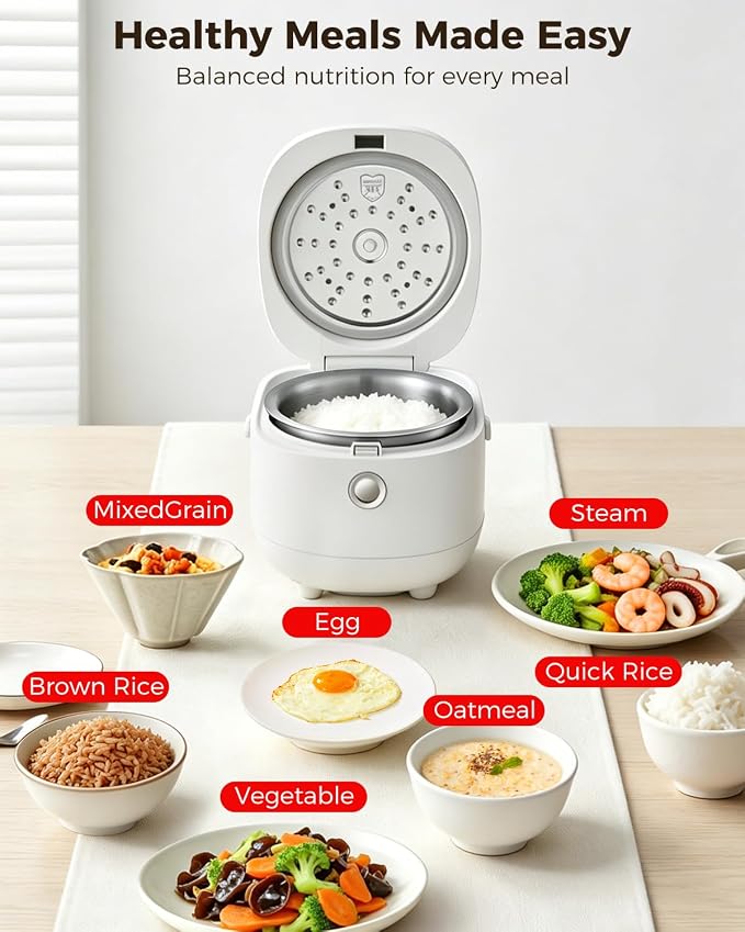 Novaspark Stainless Steel Rice Cooker Small 6 Cup (Uncooked) / 12-Cup (Cooked) with Stainless Steel Inner Pot, Compact Mini Rice Cooker Small Kitchen, Low Carb Rice Maker, 24H Timer and Auto Keep Warm