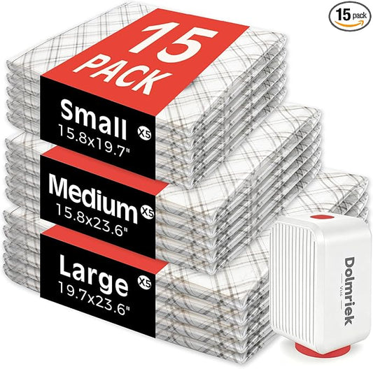 15-Pack Vacuum Seal Bags for Clothing Travel with Cordless Pump | Vacuum Storage Bags for Clothes with 4000Pa Suction, 2400mAh Rechargeable Pump, Carry-On Packing for Luggage and Suitcases