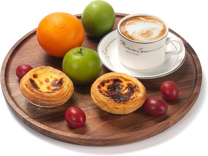 Round Wood Tray, Acacia Wooden Decorative Serving Tray for Coffee Table and Home Decor, Wooden Appetizer Charcuterie Board for Kitchen Countertop (11.8 inch)