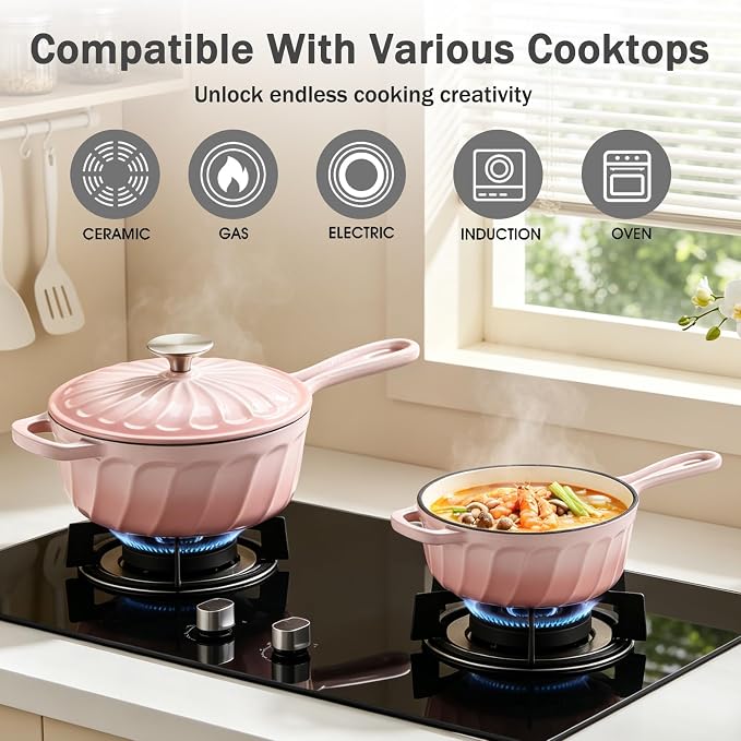 Enameled Cast Iron Sauce Pan with Lid, 1 Quart Saucepan with Lid | Dutch Oven with Lid, Small Cast Iron Pot for Cooking Pasta, Soup, Milk, Induction & Oven Safe Up to 500°F, Pink