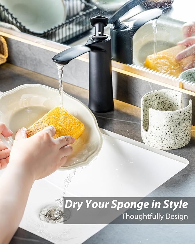 Zoeeker Sponge Holder for Kitchen Sink, Ceramic Dish Sponge Drying Rack | Dish Brush Holder Kitchen Storage Accessories Scrubby Caddy Scouring Pad Holder for Bathroom, Countertop, Speckled Glaze